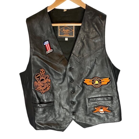 Sinstex Black Leather Motorcycle Harley Davidson Patches Vest Sz 50